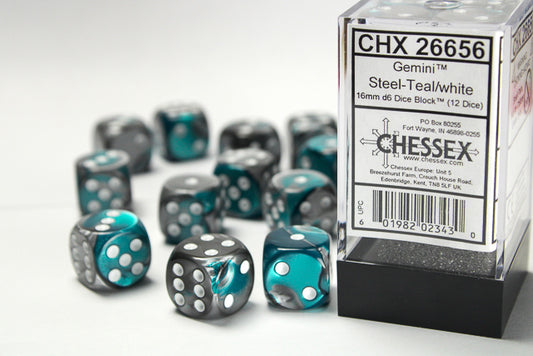 Chessex - 12D6 - Gemini - Steel-Teal/White Pips