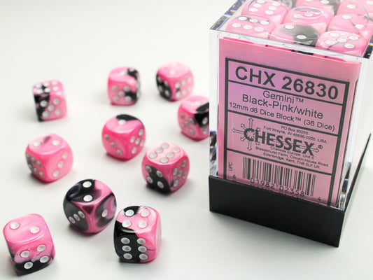 Chessex - 36D6 - Gemini - Black-Pink/White Pips