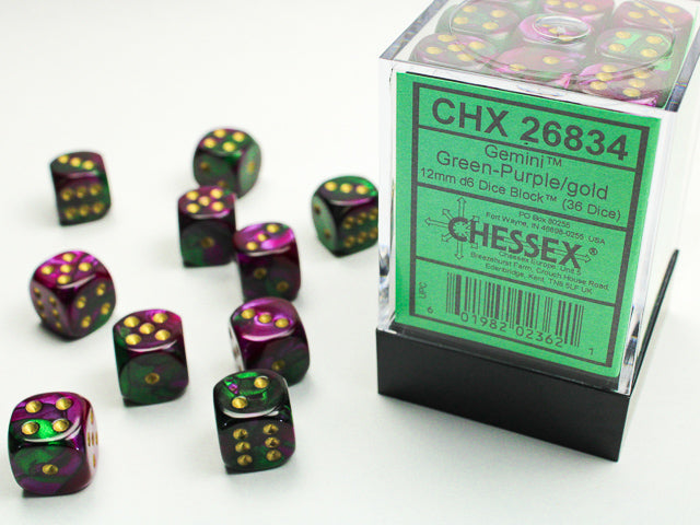 Chessex - 36D6 - Gemini - Green-Purple/Gold Pips