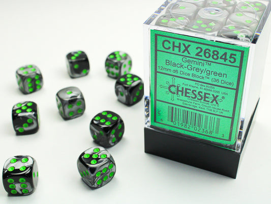 Chessex - 36D6 - Gemini - Black-Grey/Green Pips