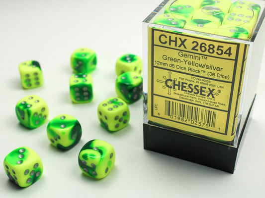 Chessex - 36D6 - Gemini - Green-Yellow/Silver Pips