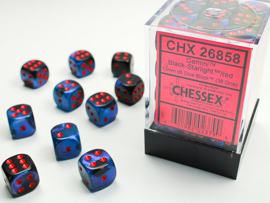 Chessex - 36D6 - Gemini - Black-Starlight/Red Pips