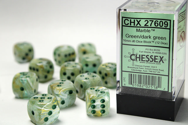 Chessex - 12D6 - Marble - Green/Dark Green Pips