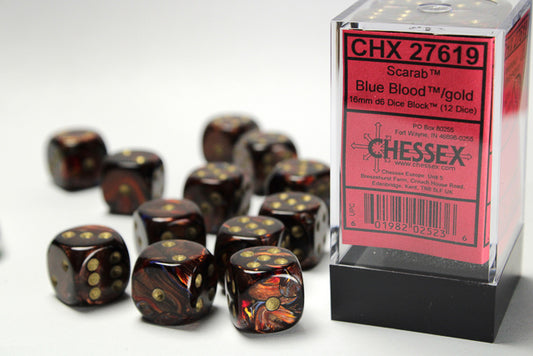 Chessex - 12D6 - Scarab - Blue Blood/Gold Pips