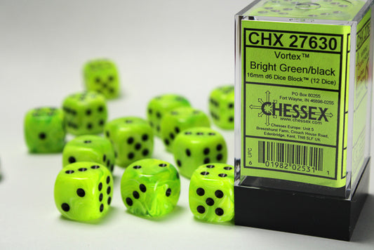 Chessex - 12D6 - Vortex - Bright Green/Black Pips