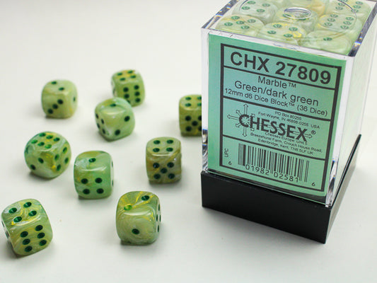 Chessex - 36D6 - Marble - Green/Dark Green Pips