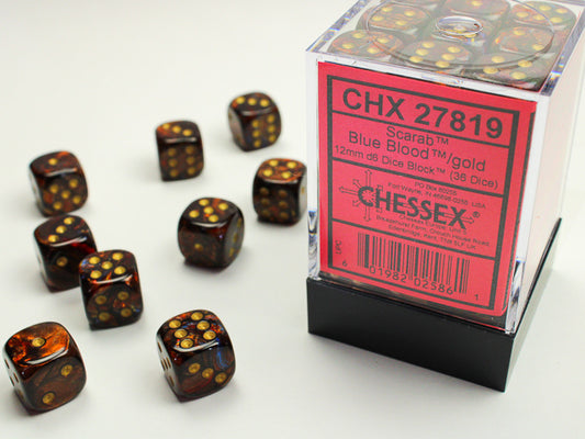 Chessex - 36D6 - Scarab - Blue Blood/Gold Pips