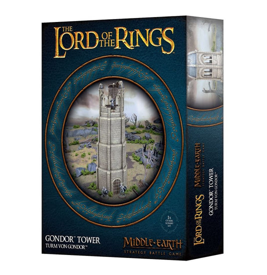 Plastic kit to build a Gondor Tower with detailed stonework, multiple doors, removable domed roof, and modular design for Lord of the Rings battlefields. Unpainted and requires assembly.