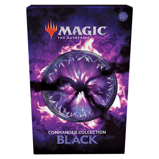Commander Collection: Black MTG box set featuring iconic black reprints like Sol Ring, Reanimate, and Phyrexian Arena with new artwork for Commander players.