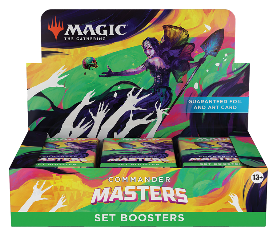 Commander Masters Set Booster Box, 24 packs of Magic: The Gathering boosters with rare cards, foils, and Legendary creatures for Commander gameplay and collection.