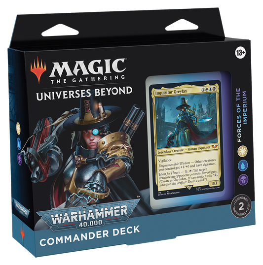 Warhammer 40,000 Commander Deck set featuring 100 cards, foil-etched Display Commander, tokens, life tracker, and deck box.