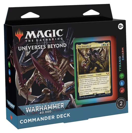 Warhammer 40,000 Commander Deck with 100 cards, foil-etched Commander, tokens, life tracker, and deck box.
