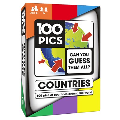 Display of game, 100 pics, box with bright colors pointing at countries on a globe