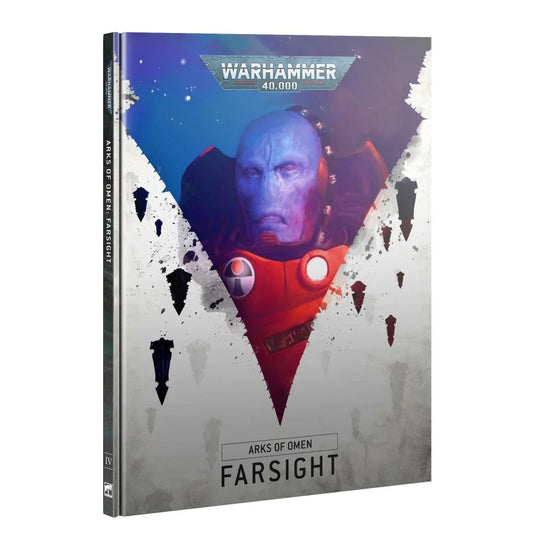 Arks of Omen: Farsight hardback book featuring battle scenes, Boarding Actions rules for T’au, Asuryani, Drukhari, and more, along with multiplayer missions.