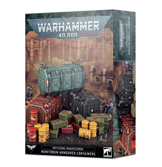 Warhammer 40,000 terrain set featuring Munitorum Armoured Containers, Promethium barrels, and Supply crates.