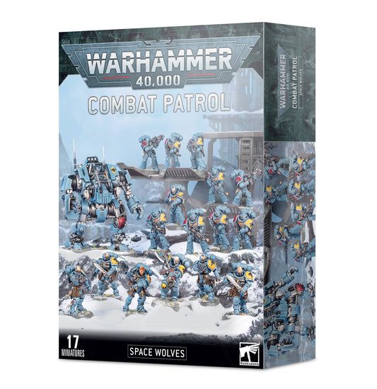 Combat Patrol: Space Wolves set with Primaris Lieutenant, Invictor Tactical Warsuit, Intercessors, Reivers, and Space Wolves upgrade frames.