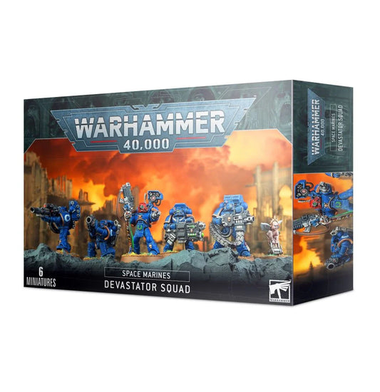 Space Marine kit featuring various weapon and upgrade options, including grav-cannon, missile launcher, power fists, and more, with 32mm round bases.