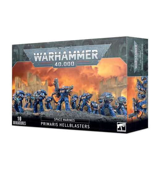 Primaris Hellblasters Warhammer 40K miniatures set with 10 models equipped with plasma weapons on Citadel 32mm bases.


