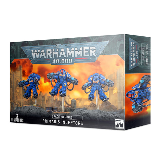 Warhammer 40K Primaris Inceptors miniatures with dynamic jump packs, supplied with Citadel 40mm round bases and 45mm flying stems.

