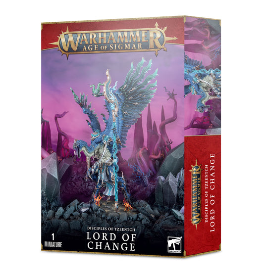 Warhammer Age of Sigmar Lord of Change or Kairos Fateweaver kit with 72 components and Citadel 100mm round base for assembling Disciples of Tzeentch miniature.