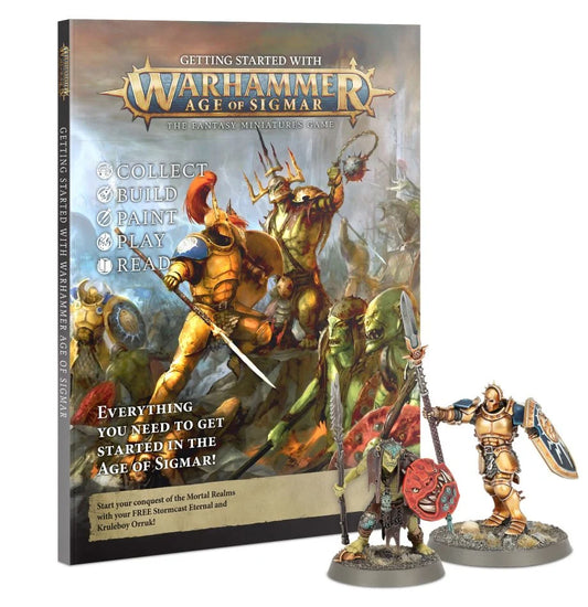 Warhammer Age of Sigmar 112-page magazine with multipart plastic miniatures, including Stormcast Eternals Vindictor and Orruk Warclans Gutrippa, wargame starter.