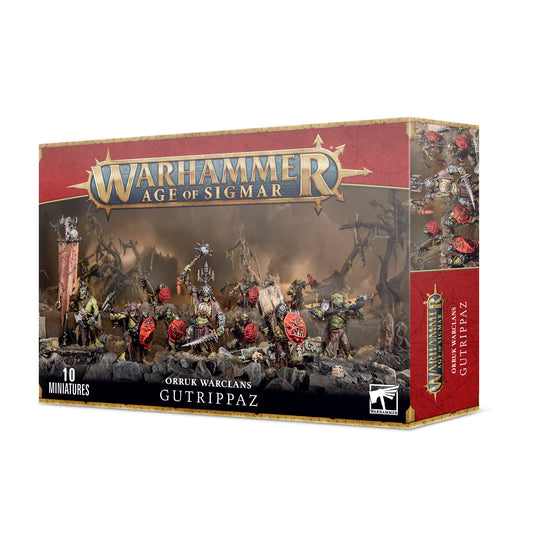 Warhammer Age of Sigmar Orruk Warclans Gutrippaz multipart plastic kit with 10 miniatures, including options for weapons, shields, Boss, banner, and musicians.
