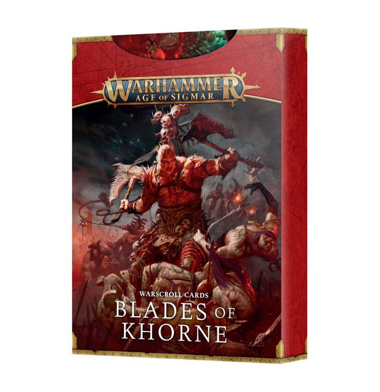Warhammer Age of Sigmar Blades of Khorne Warscroll Cards pack including single and double-sized warscrolls, token sheets, and faction terrain cards.