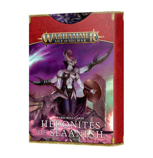 Hedonites of Slaanesh warscroll card pack including single and folding cards, plus double-sided tokens for spells and abilities.